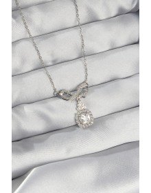 316L Steel Silver Color Bow Detailed Zircon Stone Solitaire Necklace