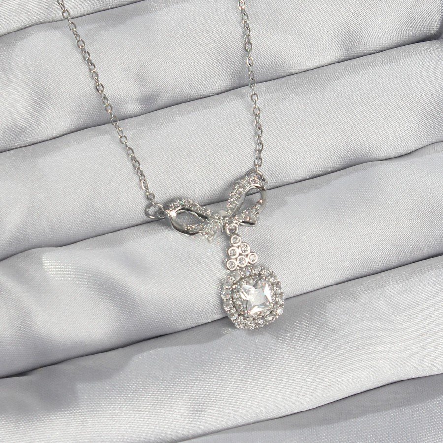 316L Steel Silver Color Bow Detailed Zircon Stone Solitaire Necklace