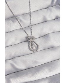 316L Steel Silver Color Bow Detailed Zircon Stone Drop Model Necklace