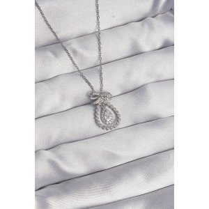 316L Steel Silver Color Bow Detailed Zircon Stone Drop Model Necklace