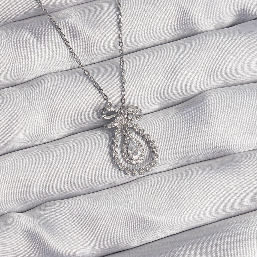 316L Steel Silver Color Bow Detailed Zircon Stone Drop Model Necklace