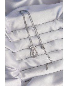 316L Steel Silver Color Bow Detailed Zircon Stone Drop Model Necklace