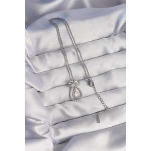 316L Steel Silver Color Bow Detailed Zircon Stone Drop Model Necklace