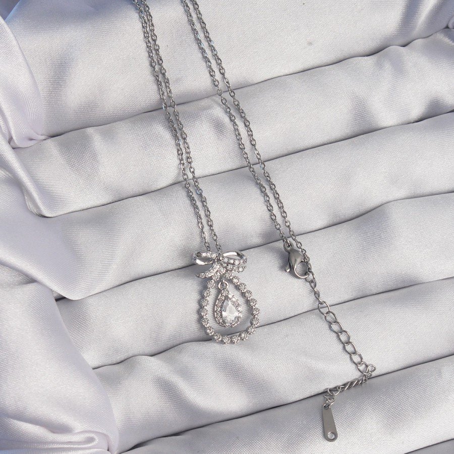316L Steel Silver Color Bow Detailed Zircon Stone Drop Model Necklace