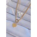 316L Steel Gold Color Double Chain Pearl Detail Love Heart Necklace