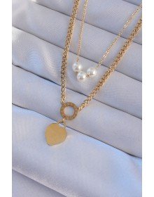 316L Steel Gold Color Double Chain Pearl Detail Love Heart Necklace