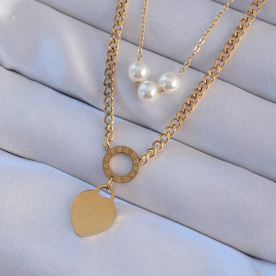 316L Steel Gold Color Double Chain Pearl Detail Love Heart Necklace