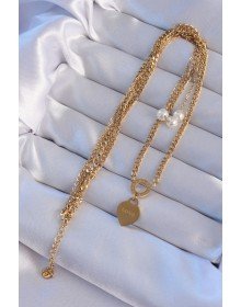 316L Steel Gold Color Double Chain Pearl Detail Love Heart Necklace
