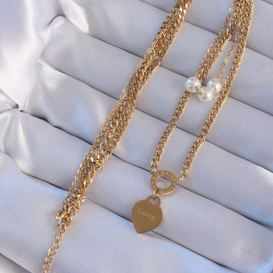 316L Steel Gold Color Double Chain Pearl Detail Love Heart Necklace