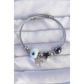 316L Steel Silver Color Black Zircon Stone Star Design Tree Detail Evil Eye Charm Bracelet
