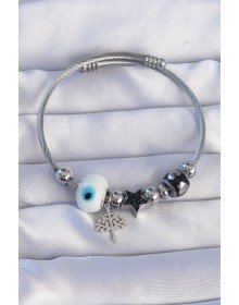 316L Steel Silver Color Black Zircon Stone Star Design Tree Detail Evil Eye Charm Bracelet