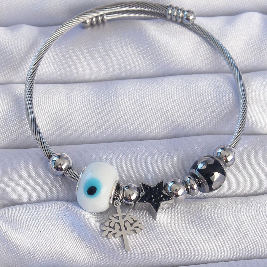 316L Steel Silver Color Black Zircon Stone Star Design Tree Detail Evil Eye Charm Bracelet