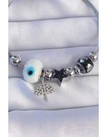 316L Steel Silver Color Black Zircon Stone Star Design Tree Detail Evil Eye Charm Bracelet