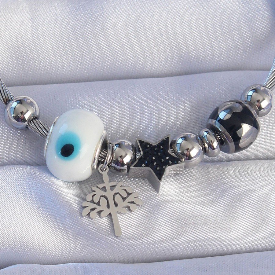 316L Steel Silver Color Black Zircon Stone Star Design Tree Detail Evil Eye Charm Bracelet