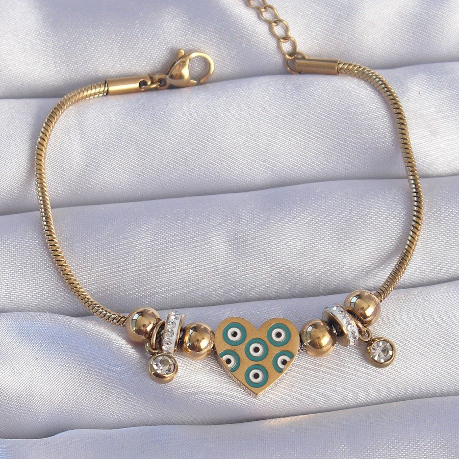 316L Steel Gold Color Zircon Stone Evil Eye Heart Design Bracelet