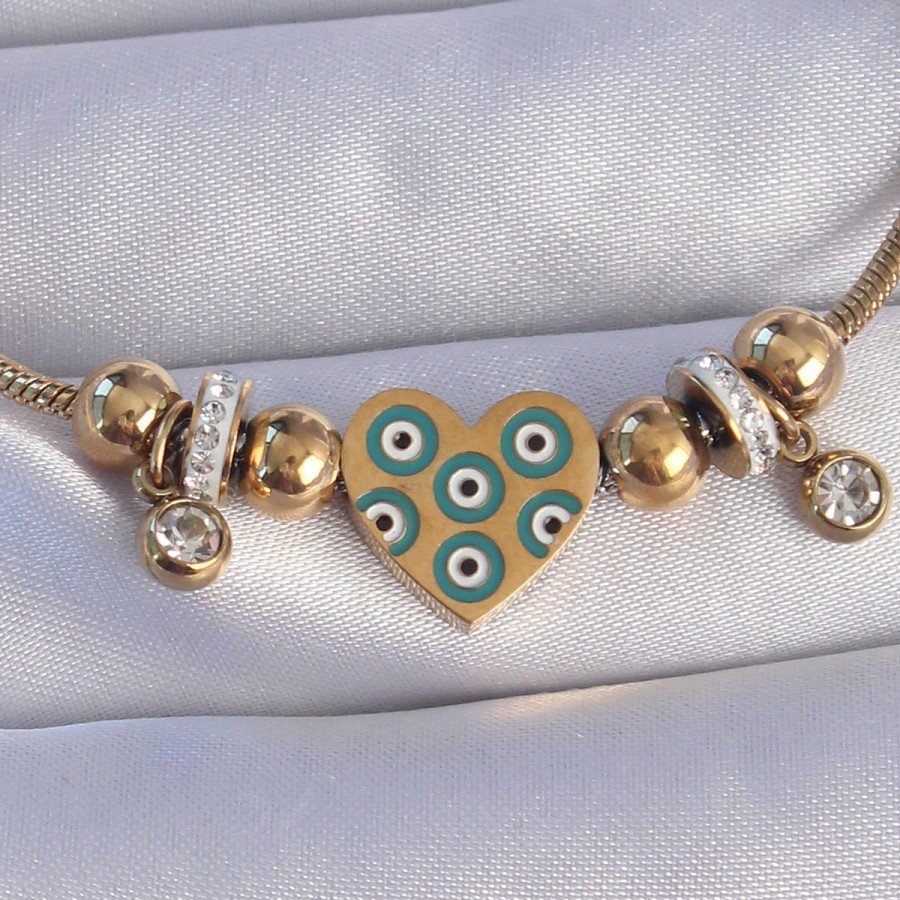 316L Steel Gold Color Zircon Stone Evil Eye Heart Design Bracelet
