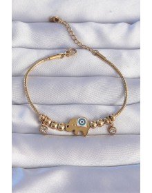 316L Steel Gold Color Zircon Stone Elephant Design Bracelet with Evil Eye