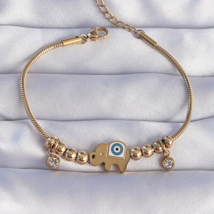 316L Steel Gold Color Zircon Stone Elephant Design Bracelet with Evil Eye 316L Steel Gold Color Zircon Stone Elephant Design Bracelet with Evil Eye