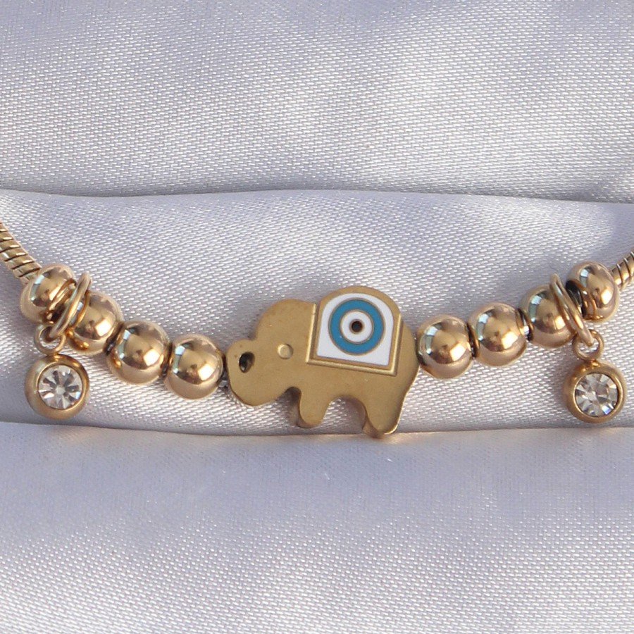316L Steel Gold Color Zircon Stone Elephant Design Bracelet with Evil Eye 316L Steel Gold Color Zircon Stone Elephant Design Bracelet with Evil Eye