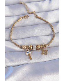 316L Steel Gold Color Zircon Stone Clover Detail Evil Eye Key Design Bracelet
