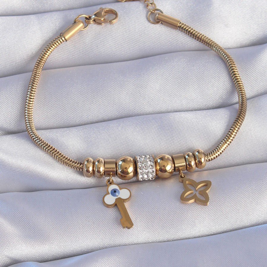 316L Steel Gold Color Zircon Stone Clover Detail Evil Eye Key Design Bracelet