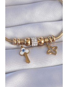 316L Steel Gold Color Zircon Stone Clover Detail Evil Eye Key Design Bracelet