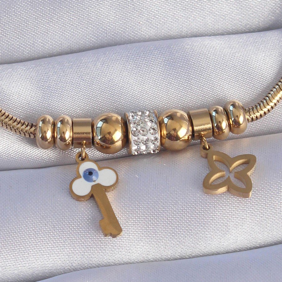 316L Steel Gold Color Zircon Stone Clover Detail Evil Eye Key Design Bracelet