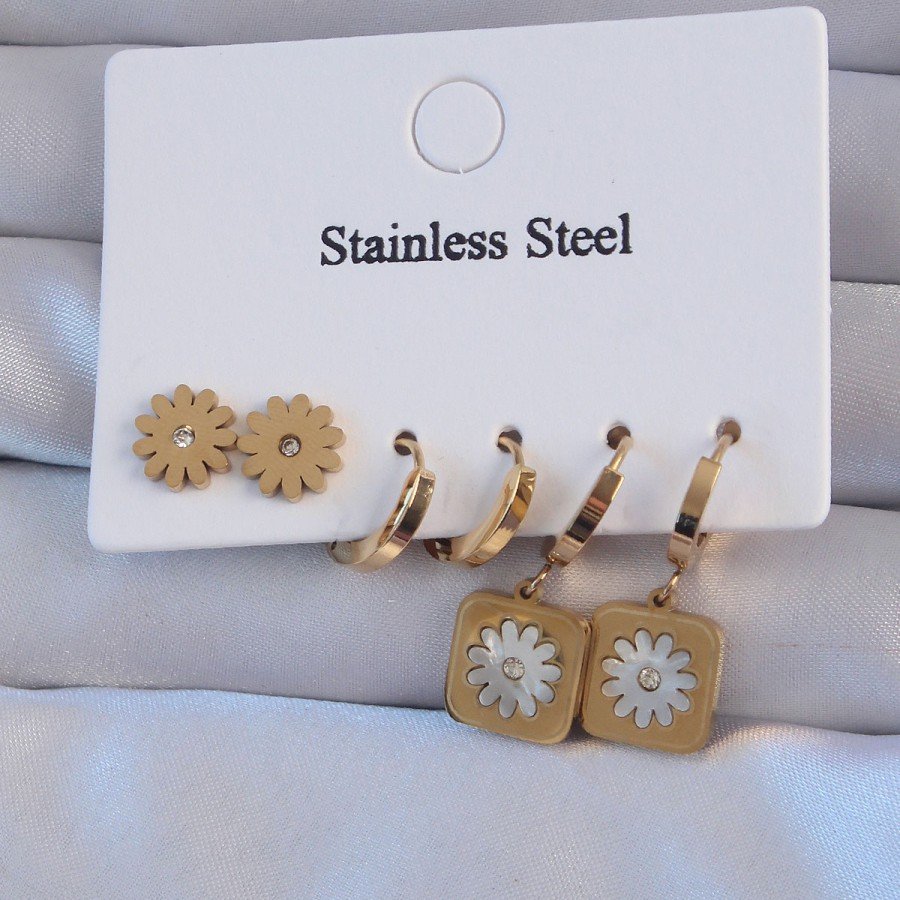316L Steel Gold Color Zircon Stone Pearl Daisy Model Hoop Earring Set