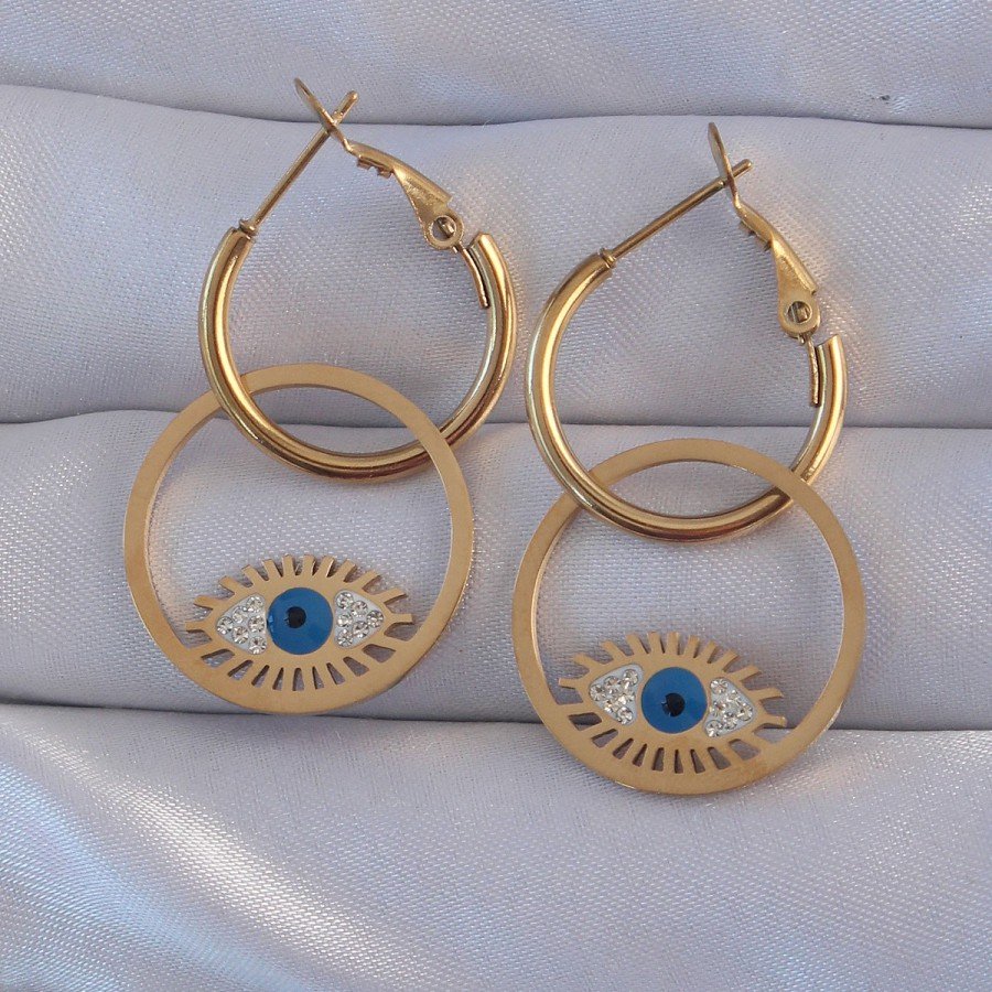 316L Steel Gold Color Zircon Stone Blue Eye Design Hoop Earring