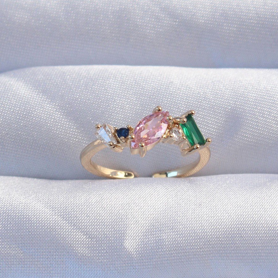 Brass Gold Color Colorful Zircon Stone Adjustable Ring