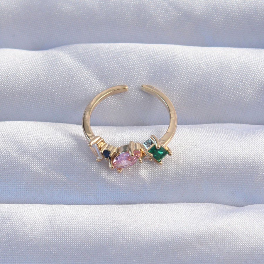 Brass Gold Color Colorful Zircon Stone Adjustable Ring