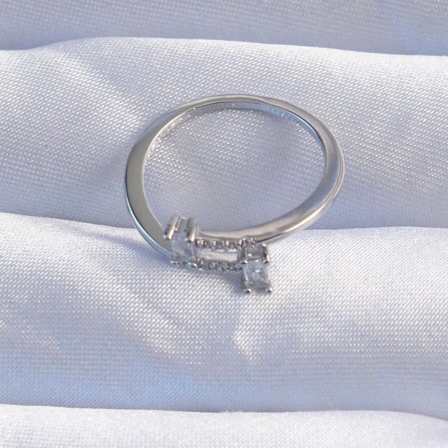 Brass Silver Color Zircon Stone Geometric Adjustable Ring