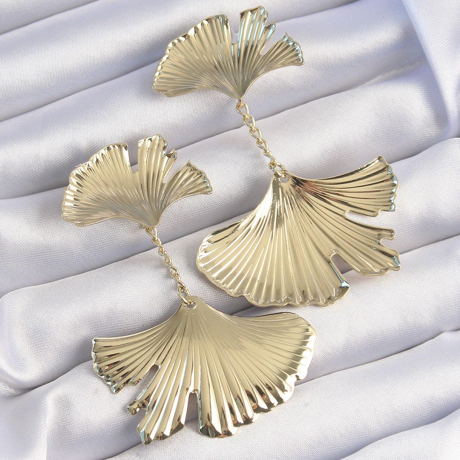 Brass Gold Color Serrated Leaf Model Hanging Earrings