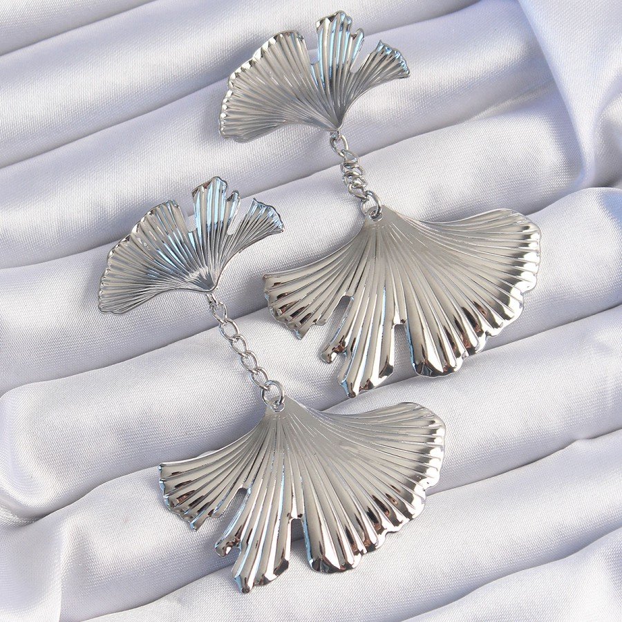 Brass Silver Color Serrated Leaf Model Hanging Earrings