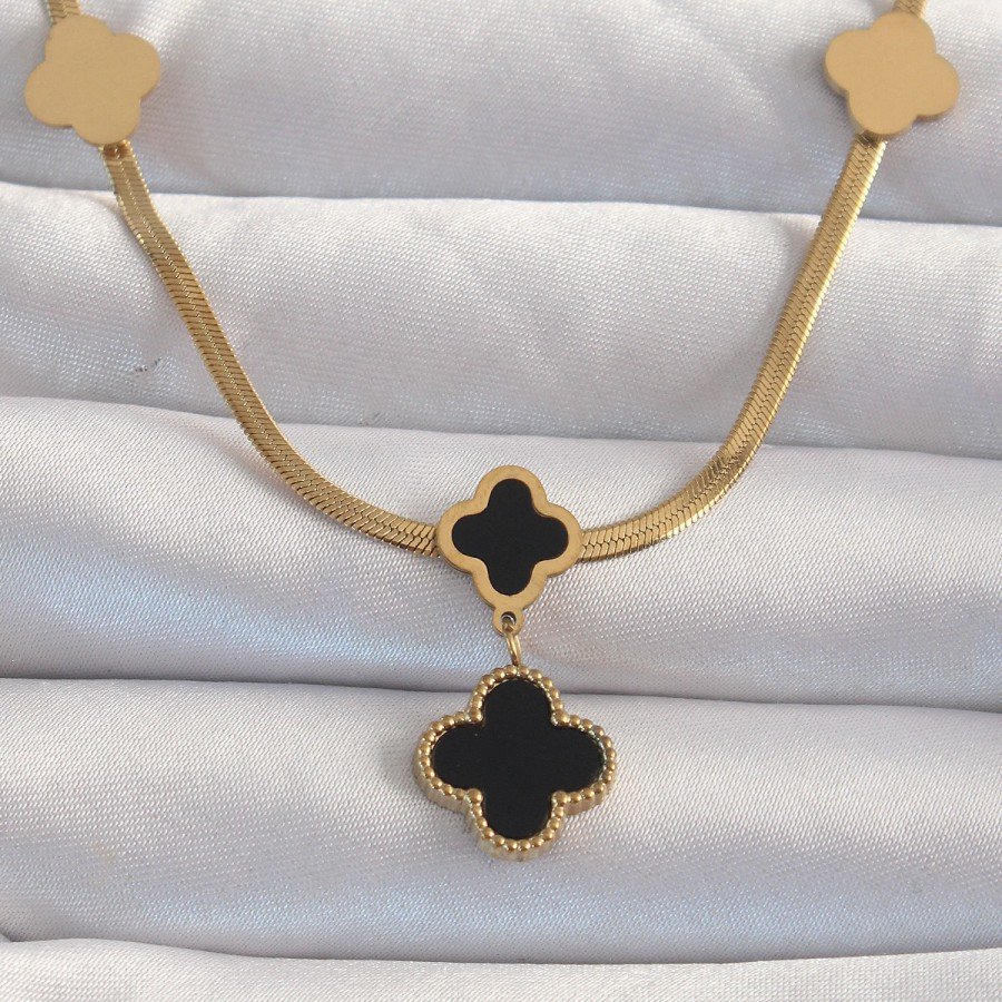 316L Steel Gold Color Italian Chain Enamel Clover Necklace