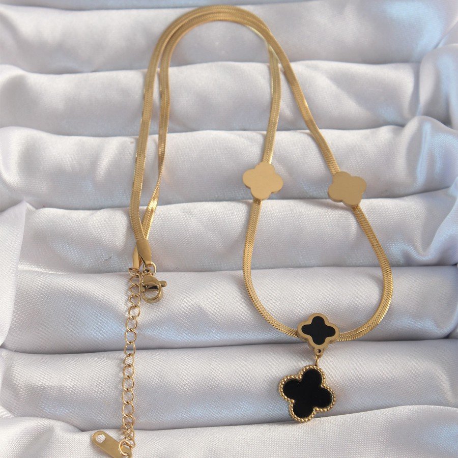 316L Steel Gold Color Italian Chain Enamel Clover Necklace