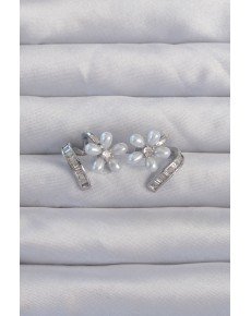 Brass Silver Color Zircon Stone Curved Pearl Flower Earrings