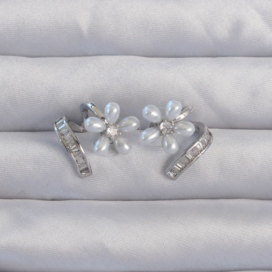 Brass Silver Color Zircon Stone Curved Pearl Flower Earrings