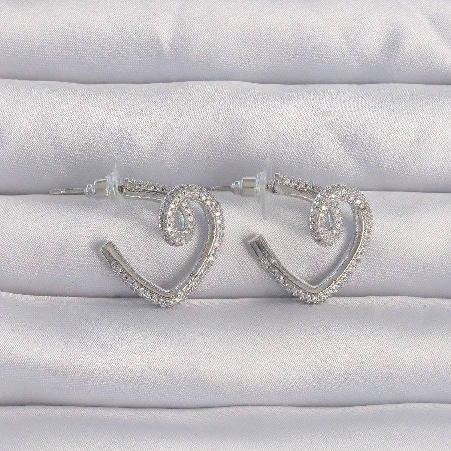 Brass Silver Color Zircon Stone Curved Half Heart Earrings