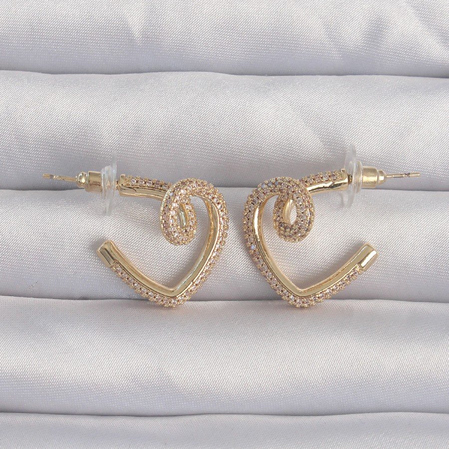 Brass Gold Color Zircon Stone Curved Half Heart Earrings