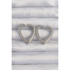 Brass Silver Color Zircon Stone Motif Heart Earrings
