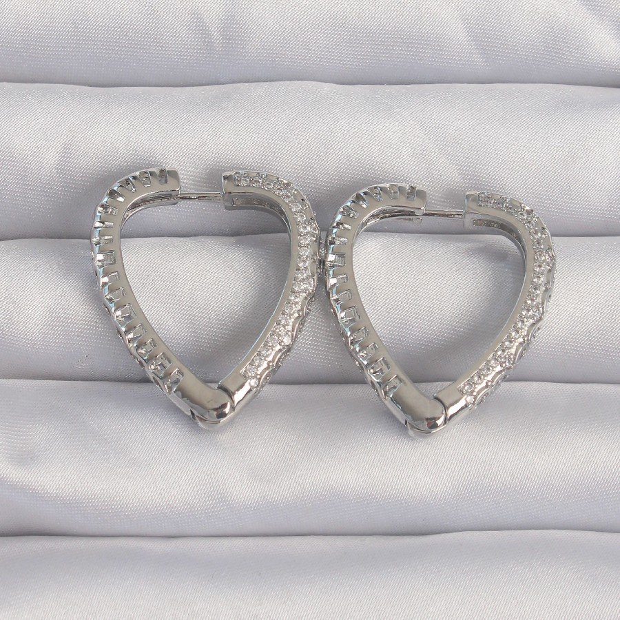 Brass Silver Color Zircon Stone Motif Heart Earrings