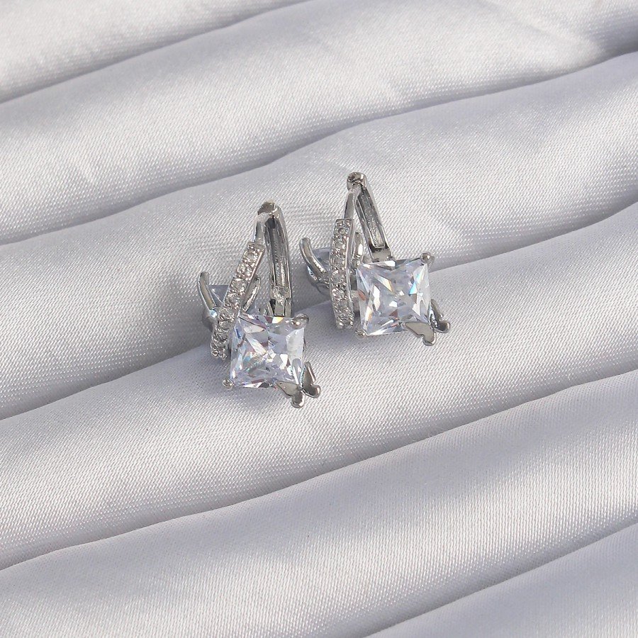 Brass Silver Color Large Zircon Stone Curved Minimal Butterfly Hoop Earrings