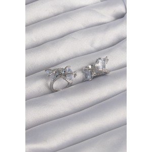 Brass Silver Color Large Zircon Stone Curved Minimal Butterfly Hoop Earrings
