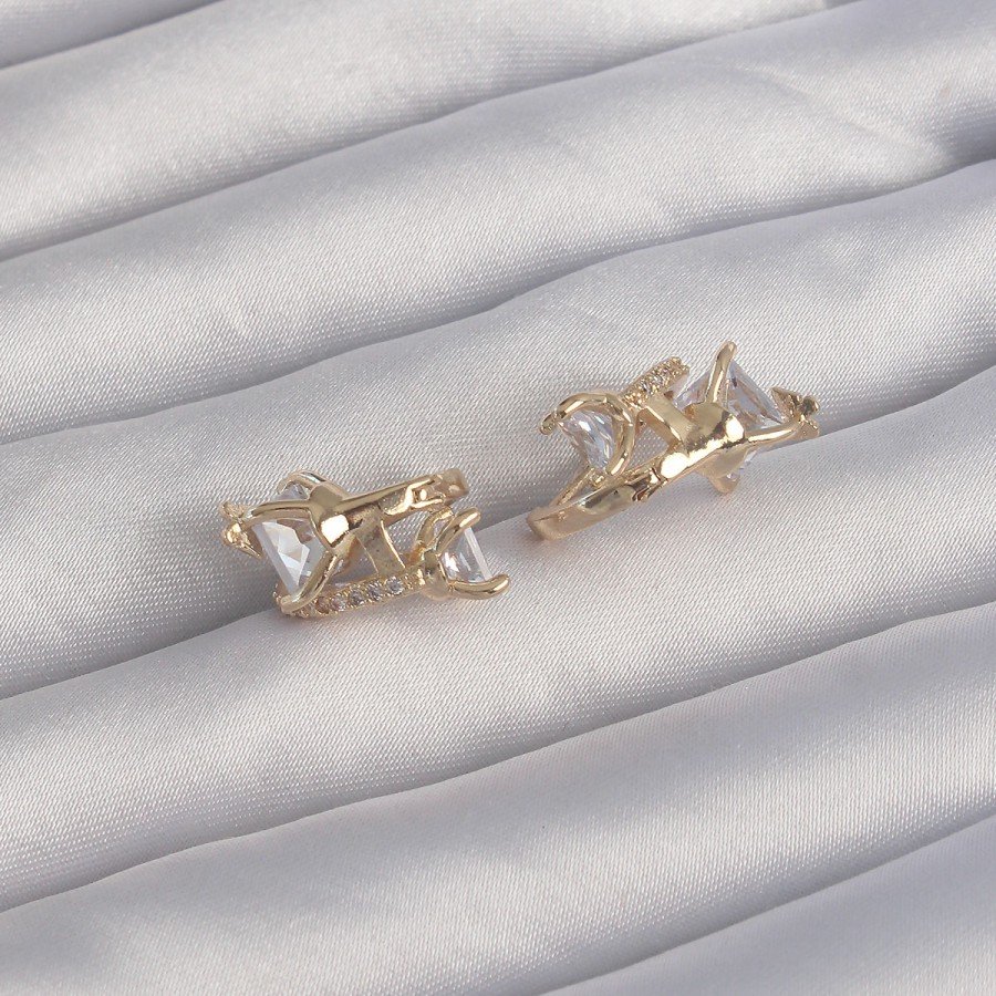 Brass Gold Color Large Zircon Stone Curved Minimal Butterfly Hoop Earrings