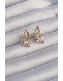Brass Gold Color Large Zircon Stone Curved Minimal Butterfly Hoop Earrings