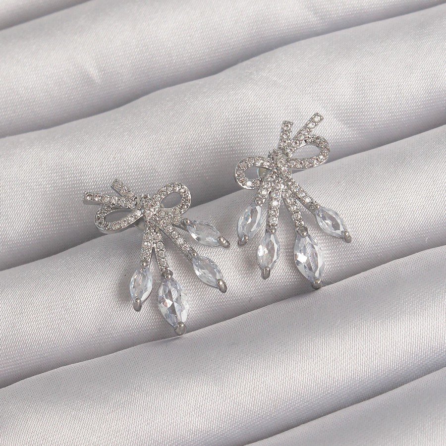 Brass Silver Color Zircon Stone Bow Earrings