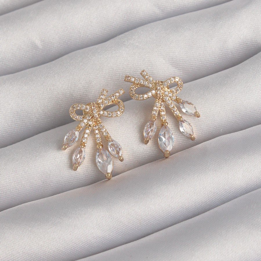 Brass Gold Color Zircon Stone Bow Earrings