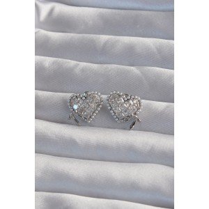 Brass Silver Color Bow Detail Pearl and Zircon Stone Heart Earrings