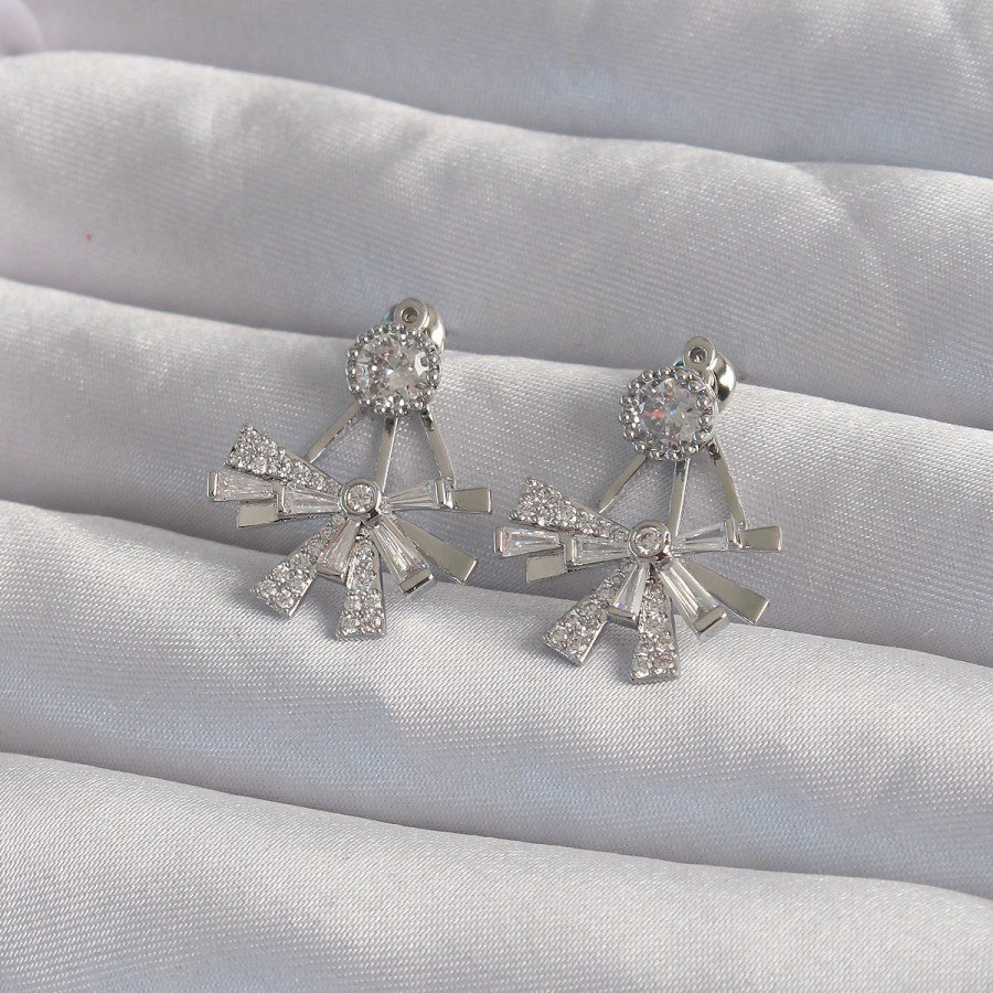 Brass Silver Color Zircon Stone Flat Bow Model Earrings
